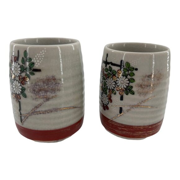 Kutani Porcelain Japanese Tea Cups Ikebana Set of 2 Floral Arrangement - Picture 2 of 9